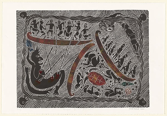 Title: b'Seven blind brothers (1).' | Date: 2001 | Technique: b'linocut, printed in colour, from one block'