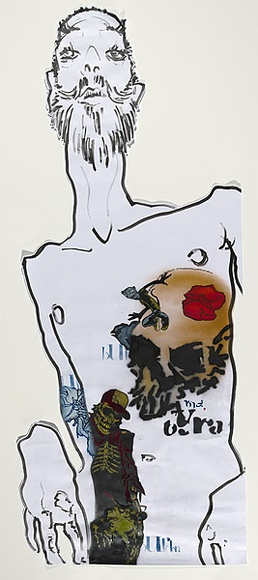 Title: b'Tattooed figure' | Date: 2010 | Technique: b'stencil, sprayed in coloured aerosol paint, from multiple stencils; ink and brush'