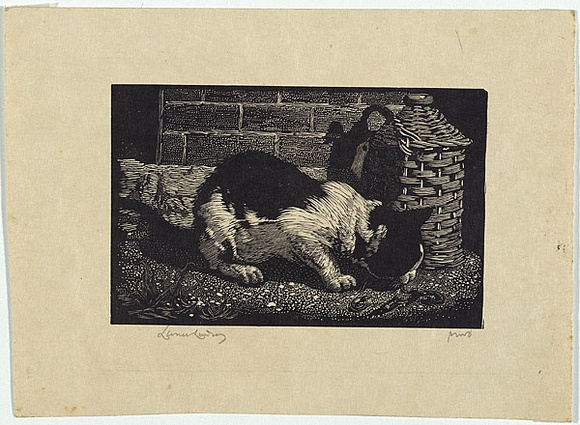 Artist: b'LINDSAY, Lionel' | Title: b'Cat eating shrimps' | Date: 1922 | Technique: b'wood-engraving, printed in black ink, from one block' | Copyright: b'Courtesy of the National Library of Australia'