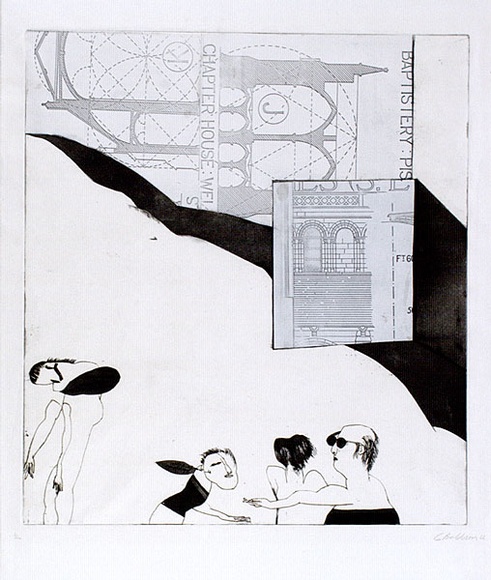Artist: b'BALDESSIN, George' | Title: b'(Four figures and architectural plans).' | Date: 1966 | Technique: b'etching and aquatint, printed in black ink, from one plate; collage'
