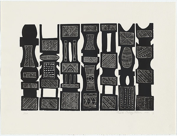 Artist: b'TUNGUTALUM, Bede' | Title: b'Pukumani poles 1' | Date: 1988 | Technique: b'linocut, printed in black ink, from one block' | Copyright: b'\xc2\xa9 Bede Tungutalum, Licensed by VISCOPY, Australia'