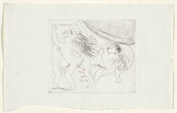 Artist: b'BOYD, Arthur' | Title: b'(Mad woman with curtain, mirror and lovers) (variant V).' | Date: 1970 | Technique: b'etching, printed in black ink, from one plate' | Copyright: b'This work appears on screen courtesy of Bundanon Trust'