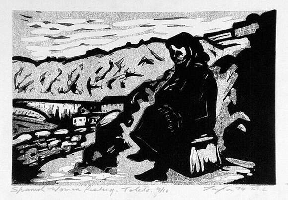 Artist: b'Taylor, John H.' | Title: b'Spanish woman resting' | Date: 1974 | Technique: b'linocut, printed in black and grey ink, from two blocks'