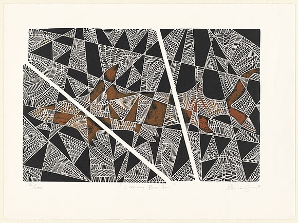 Title: b'Lurking Baidam.' | Date: 1995 | Technique: b'linocut, printed in black ink, from one block; hand-coloured'