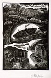 Artist: OGILVIE, Helen | Title: not titled [Farm landscape with cows; crane loading ship; trucks outside warehouses; sheep auction]. | Date: c.1951 | Technique: wood-engraving, printed in black ink, from one block