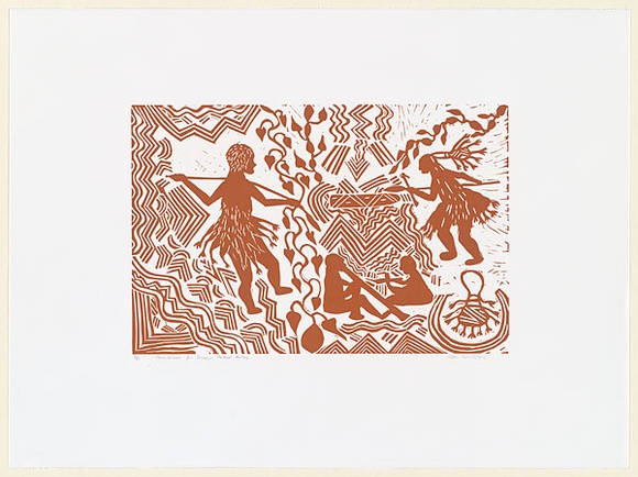 Artist: b'WILFRED, Rex' | Title: b'Corroboree for person passed away' | Date: c.2001 | Technique: b'linocut, printed in brown ink, from one block'