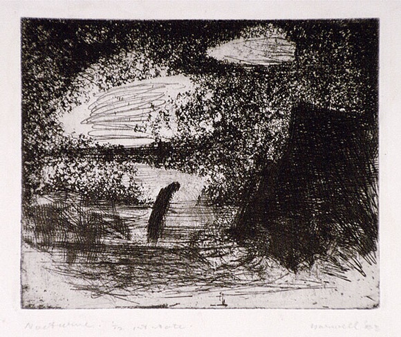 Artist: b'Barwell, Geoff.' | Title: b'Nocturne.' | Date: 1953 | Technique: b'etching, aquatint and roulette, printed in black ink, from one  plate'