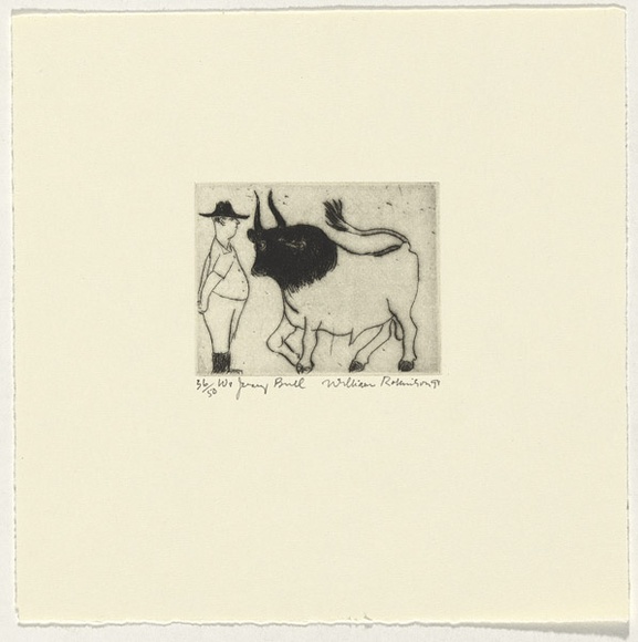 Artist: b'Robinson, William.' | Title: b'William and jersey bull' | Date: 1991 | Technique: b'etching, printed in black ink, from one plate'