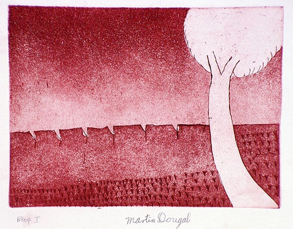 Artist: b'Dougal, Martin.' | Title: b'Tree and hills' | Date: 1986 | Technique: b'etching and aquatint, printed in red ink, from one plate'