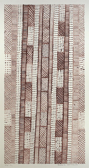 Artist: b'KERINAUIA, Raelene' | Title: b'Pukumani painting' | Date: 2001, January | Technique: b'lithograph, printed in brown ink, from one stone' | Copyright: b'\xc2\xa9 Realene Kerinauia, Jilamara Arts & Craft'