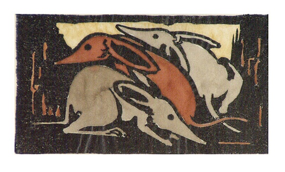 Artist: b'Stephen, Clive.' | Title: b'(Three Rodents)' | Date: c.1945 | Technique: b'linocut, printed in colour, from multiple blocks'