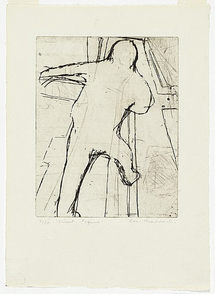 Artist: b'MADDOCK, Bea' | Title: b'Journey III: Street figure' | Date: 1966 | Technique: b'etching and drypoint, printed in black ink with plate-tone, from one copper plate'