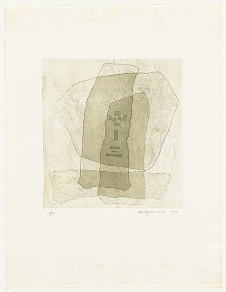 Artist: b'Cameron, Dorothy.' | Title: b'not titled [green shapes]' | Date: 1977 | Technique: b'soft-ground etching, printed in green ink, from one plate'