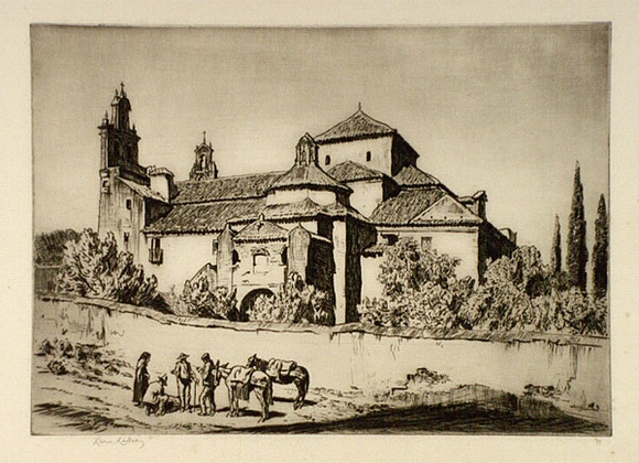 Artist: b'LINDSAY, Lionel' | Title: b'Carmelite convent of San Gaetano, Cordova' | Date: 1936 | Technique: b'drypoint, printed in brown ink with plate-tone, from one plate' | Copyright: b'Courtesy of the National Library of Australia'