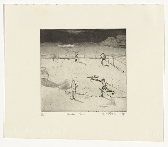 Artist: b'McKenna, Noel.' | Title: b'Brisbane Park' | Date: 1984 | Technique: b'etching, aquatint, roulette, drypoint printed with plate-tone.' | Copyright: b'\xc2\xa9 Noel McKenna'