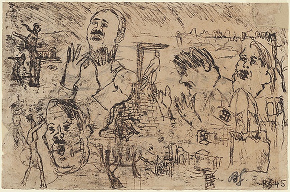 Artist: b'Simon, Bruno.' | Title: b'Hitler still speaks Let not an evil speaker be established in the earth: evil shall hunt the violent man to overthrow him Psalm 140.' | Date: 1945 | Technique: b'monotype, printed in brown ink, from one plate'