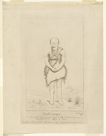 Artist: b'Duterrau, Benjamin.' | Title: b'Tanleboueyer, a native of the district of Oyster Bay & the Wife to Manalargerna was attached to the misson in 1830.' | Date: 1835, August 24 | Technique: b'etching, printed in brown ink, from one copper plate'