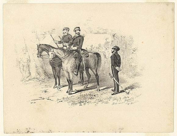 Artist: b'GILL, S.T.' | Title: b'Mounted police, gold escort guard, Mt Alexander.' | Date: 1852 | Technique: b'lithograph, printed in black ink, from one stone'