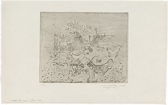 Artist: b'WALKER, Murray' | Title: b'Kallista landscape in June 1964.' | Date: 1964 | Technique: b'etching and aquatint, printed in black ink, from one plate'