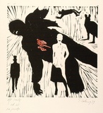Artist: b'COLEING, Tony' | Title: b'(Shot figure).' | Date: 1979 | Technique: b'linocut, printed in colour, from multiple blocks'