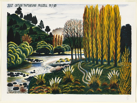 Artist: b'Frizzell, Dick.' | Title: b'Just outside Taumarunui.' | Date: 1989 | Technique: b'lithograph, printed in colour, from multiple stones' | Copyright: b'\xc2\xa9 Dick Frizzell'