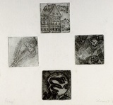 Artist: SHEARER, Mitzi | Title: not titled [four small pictures on one sheet] | Date: 1980 | Technique: etching, aquatint printed in black ink, from four  plates