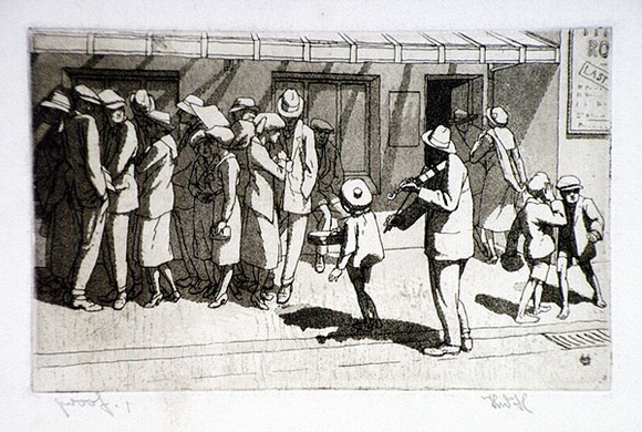 Artist: b'Hawkins, Weaver.' | Title: b'Queue' | Date: 1920 | Technique: b'drypoint and aquatint, printed in warm black ink, from one plate' | Copyright: b'The Estate of H.F Weaver Hawkins'