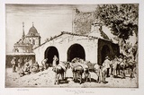 Artist: b'LINDSAY, Lionel' | Title: b'The donkey market, Estremadura' | Date: 1934 | Technique: b'etching, printed in brown ink with plate-tone, from one plate' | Copyright: b'Courtesy of the National Library of Australia'