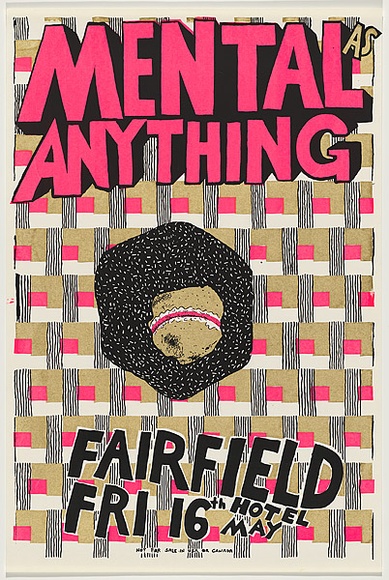 Artist: b'WORSTEAD, Paul' | Title: b'Mental as anything - Fairfield' | Date: 1980 | Technique: b'screenprint, printed  in colour, from three stencils in pink, gold and black inks' | Copyright: b'This work appears on screen courtesy of the artist'