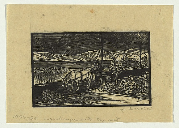 Artist: b'Groblicka, Lidia.' | Title: b'Landscape with cart' | Date: 1955-56 | Technique: b'woodcut, printed in black ink, from one block'