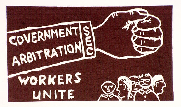 Artist: b'Wonderful Art Nuances Club.' | Title: bWorkers unite. (Poster supporting SEC maintenance workers' strike, La Trobe Valley, Victoria, 1977). | Date: (1977) | Technique: b'linocut, printed in red ink, from multiple blocks'