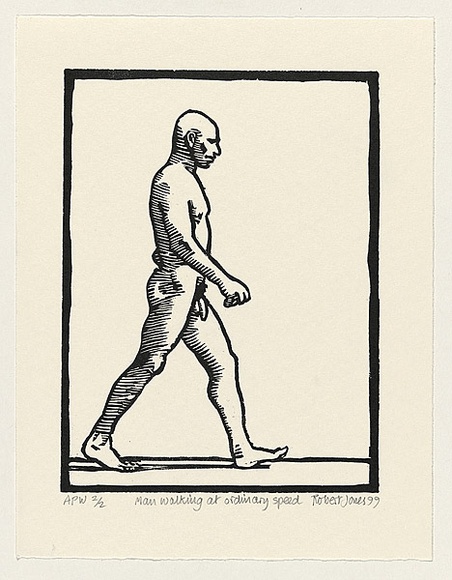 Artist: b'Jones, Robert.' | Title: b'Man walking at ordinary speed' | Date: 1999, 16 November | Technique: b'woodcut, printed in black ink, from 1 MDF block'