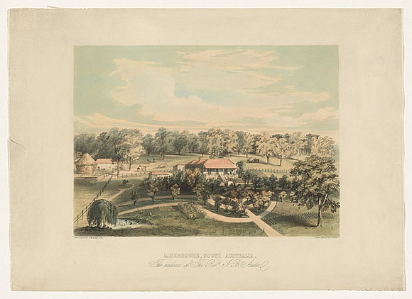 Artist: b'Austin, John Baptist.' | Title: b'Lashbrook, South Australia, Residence of Rev. J. B. Austin.' | Date: c.1848 | Technique: b'lithograph, printed in colour, from multiple stones; hand-coloured additions'