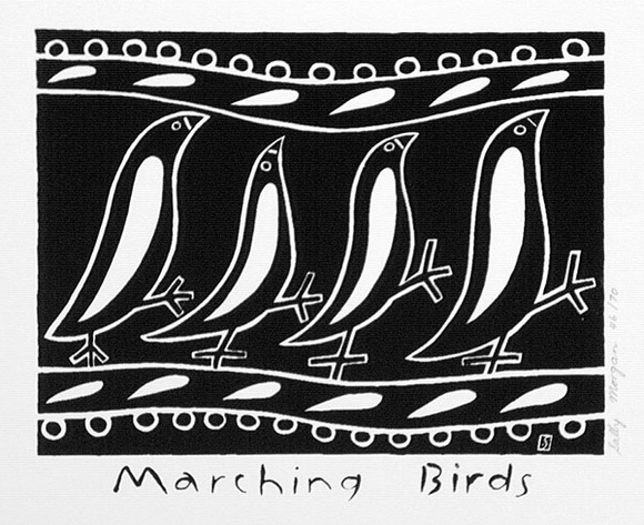 Artist: b'Morgan, Sally.' | Title: b'Marching birds' | Date: 1986 | Technique: b'screenprint, printed in black ink, from one block'