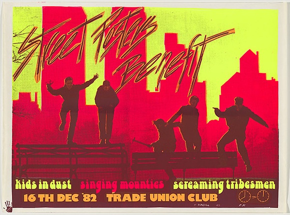 Artist: b'STUMBLES, Yanni' | Title: b'Street Poster Benefit' | Date: 1982 | Technique: b'screenprint, printed in colour, from multiple stencils'