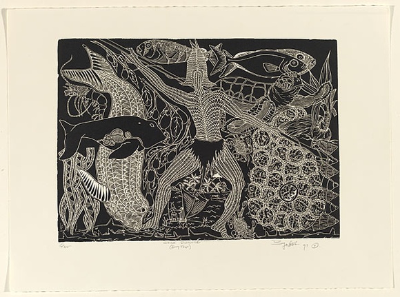 Artist: b'NONA, Laurie' | Title: b'Giegie Rungathd (Day Trip)' | Date: 1997 | Technique: b'linocut, printed in black ink, from one block'