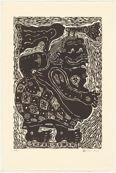 Artist: b'HERI DONO,' | Title: b'Super Semar' | Date: 2003, July | Technique: b'linocut, printed in brown ink, from one block'