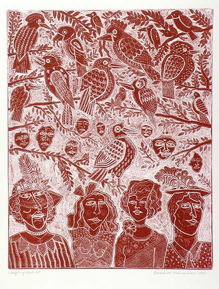 Artist: b'HANRAHAN, Barbara' | Title: b'Laughing Jack' | Date: 1983 | Technique: b'relief-etching, printed in red ink, from one plate'