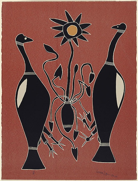 Artist: b'Bulunbulun, Johnny.' | Title: b'Magpie geese and waterlily' | Date: 1979 | Technique: b'screenprint, printed in colour, from multiple stencils' | Copyright: b'\xc2\xa9 Johnny Bulunbulun. Licensed by VISCOPY, Australia'