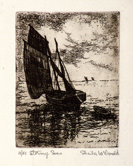 Artist: b'McDonald, Sheila.' | Title: b'Stormy seas [recto]; The Rocks, Sydney [verso]' | Date: c.1935 | Technique: b'etching, aquatint printed in brown[verso] intaglio etching printed in brown'