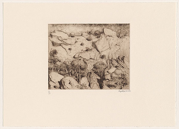 Artist: Rees, Lloyd. | Title: Cliff face, Central Australia | Date: 1977 | Technique: softground-etching, printed in brown ink, from one zinc plate | Copyright: © Alan and Jancis Rees