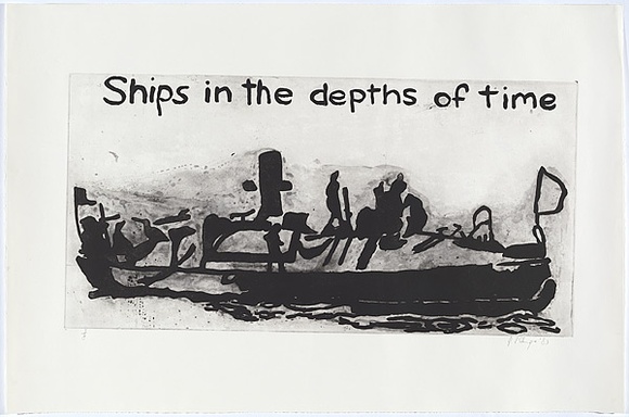 Artist: bL'Estrange, Sally. | Title: b'Ships in the depths of time.' | Date: 1983 | Technique: b'aquatint, printed in black ink, from one plate'