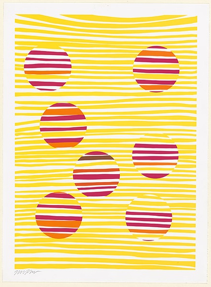 Artist: b'Harper, Melinda.' | Title: b'not titled [red circles behind yellow horizontal stripes].' | Date: 2003 | Technique: b'screenprint, printed in colour, from three stencils'