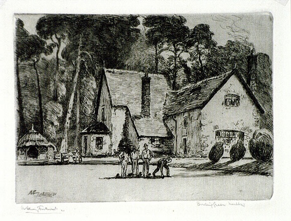 Artist: b'FULLWOOD, A.H.' | Title: b'Bowling Green, Ludlow.' | Date: 1925 | Technique: b'etching, printed in blue/black ink, from one plate'