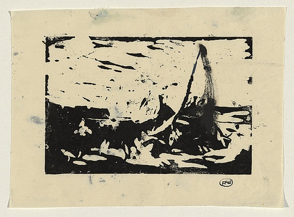 Artist: b'WILLIAMS, Fred' | Title: b'The yacht' | Date: c.1954 | Technique: b'linocut, printed in black ink, from one block; touched with pen and blue ink and black gouache' | Copyright: b'\xc2\xa9 Fred Williams Estate'
