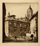 Artist: LINDSAY, Lionel | Title: The little square, Segovia | Date: 1928 | Technique: drypoint, printed in brown ink with plate-tone, from one plate | Copyright: Courtesy of the National Library of Australia