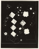 Title: b'not titled [abstract composition 2: star shapes at left]' | Date: c.1993 | Technique: b'clich\xc3\xa9-verre, printed in black, from hand-drawn negative'