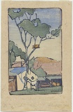Artist: Harris, Mary P. | Title: not titled [horse and farm buildings]. | Date: c.1940 | Technique: woodcut, printed in colour, from multiple blocks