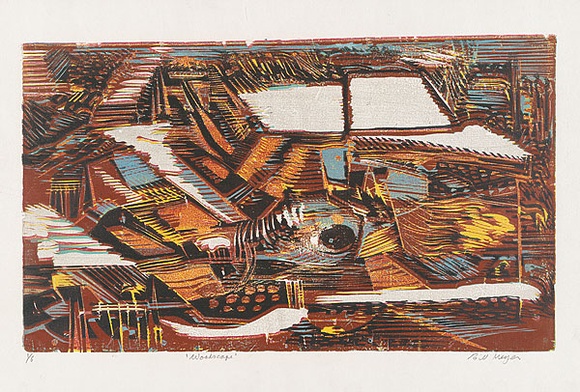 Artist: b'MEYER, Bill' | Title: b'Woodscape' | Date: 1969 | Technique: b'woodcut, printed in colour, from reduction block process' | Copyright: b'\xc2\xa9 Bill Meyer'
