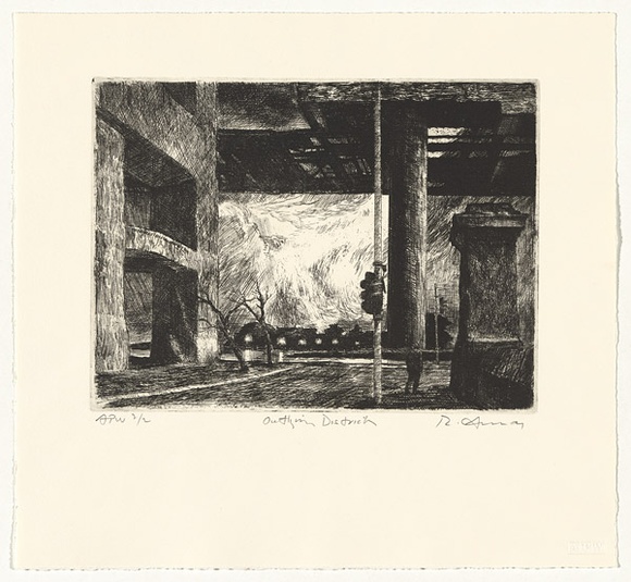 Artist: b'AMOR, Rick' | Title: b'Outlying districts' | Date: 2001, July | Technique: b'etching, printed in black ink, from one plate' | Copyright: b'Image reproduced courtesy the artist and Niagara Galleries, Melbourne'